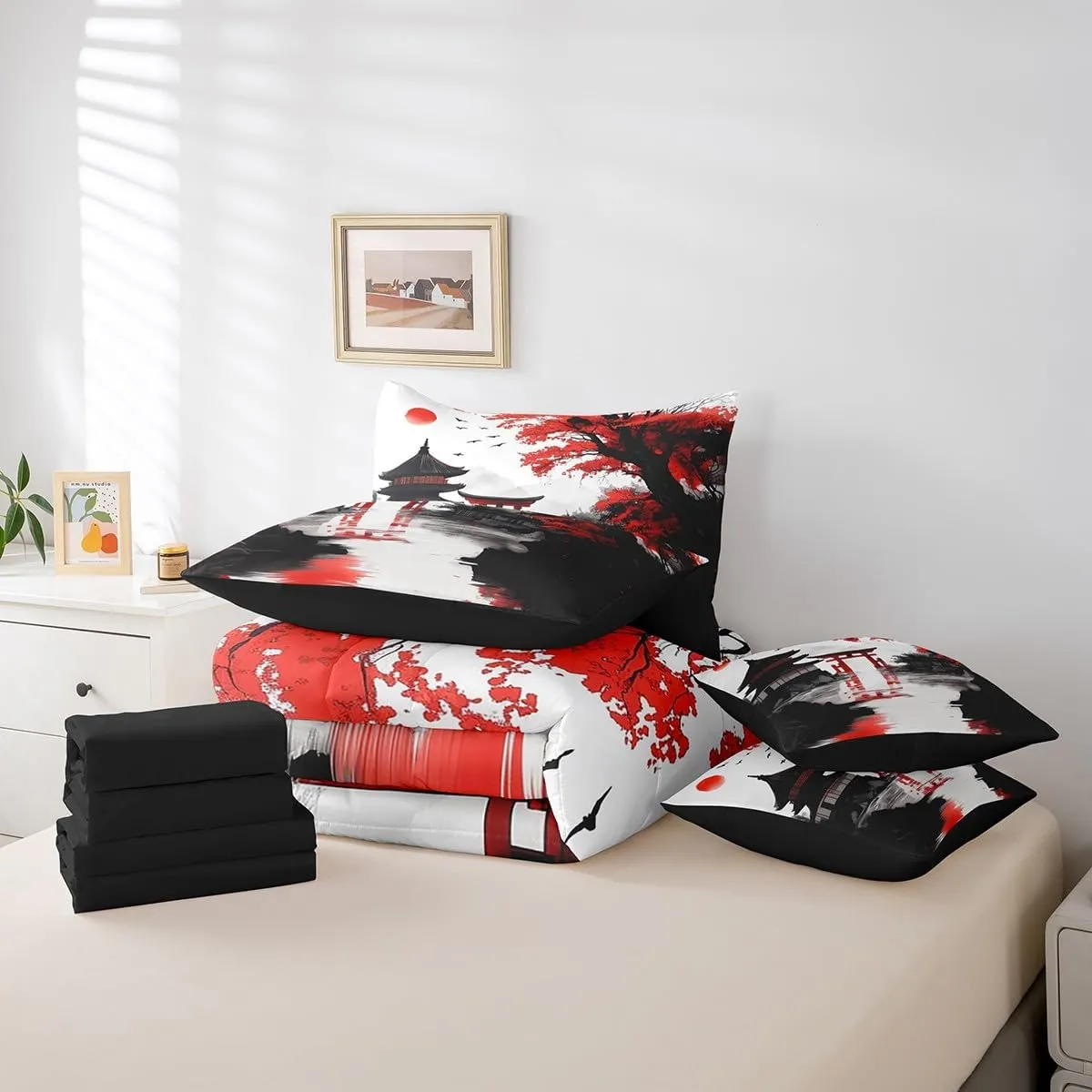 Erosebridal Japanese King Comforter Set with Sheets 7 Piece Sun Cherry Blossom Bedding Set for Girls Women Watercolor Black Red Mountain Sakura Floral Bed in A Bag Asian Chinese Ink Sheet Set