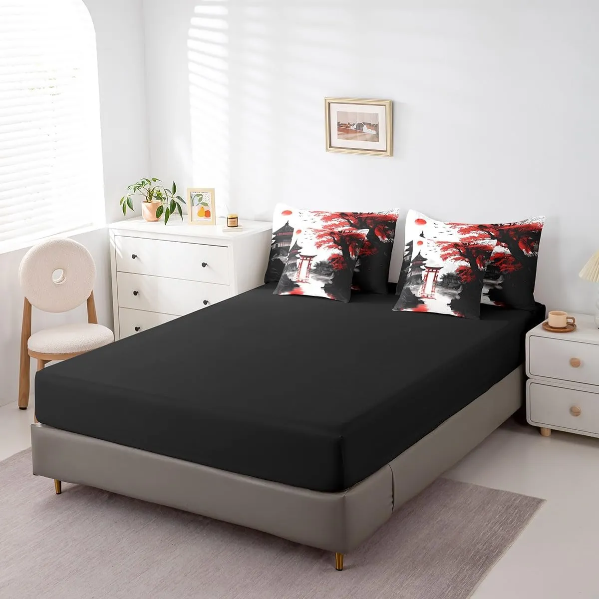 Erosebridal Japanese King Comforter Set with Sheets 7 Piece Sun Cherry Blossom Bedding Set for Girls Women Watercolor Black Red Mountain Sakura Floral Bed in A Bag Asian Chinese Ink Sheet Set