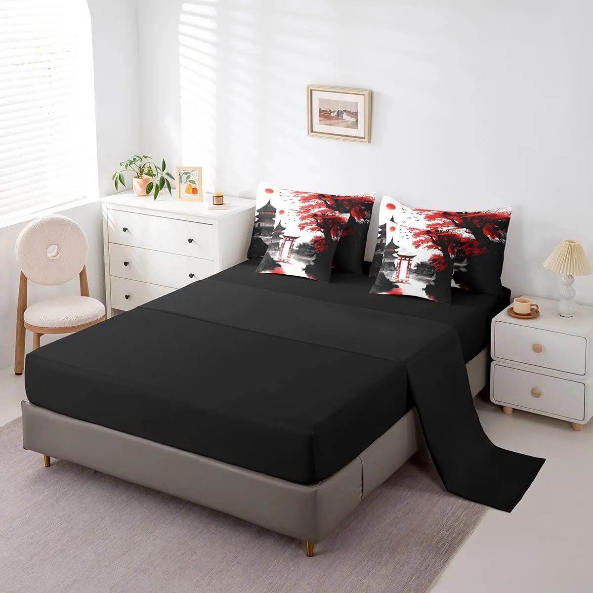Erosebridal Japanese King Comforter Set with Sheets 7 Piece Sun Cherry Blossom Bedding Set for Girls Women Watercolor Black Red Mountain Sakura Floral Bed in A Bag Asian Chinese Ink Sheet Set