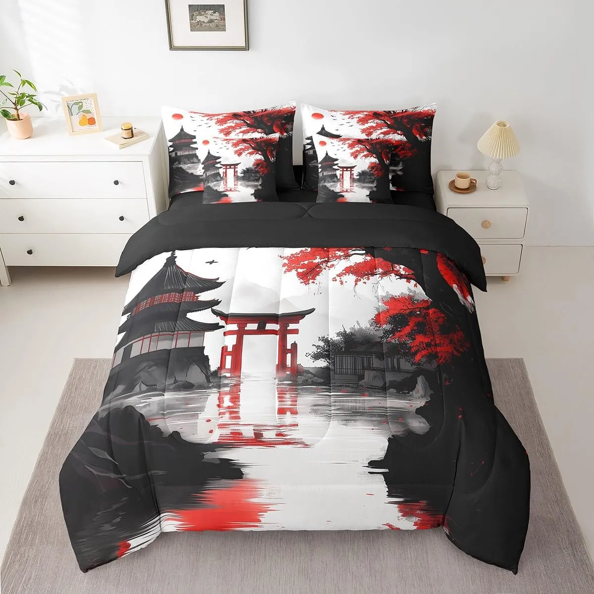 Erosebridal Japanese King Comforter Set with Sheets 7 Piece Sun Cherry Blossom Bedding Set for Girls Women Watercolor Black Red Mountain Sakura Floral Bed in A Bag Asian Chinese Ink Sheet Set