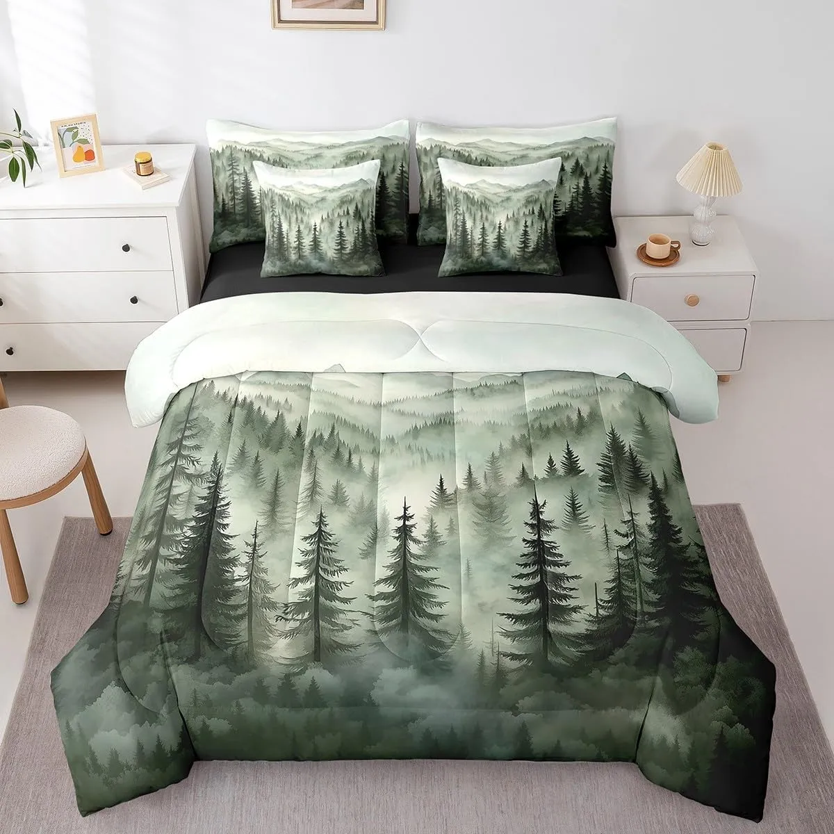 Erosebridal Smoky Mountain Bedding Set Queen Nature Forest Green Comforter Set 7 Piece Rustic Woodland Botanical Pine Tree Bed in A Bag for Kids Adults Natural Jungle Plants Sheet Set with Comforter
