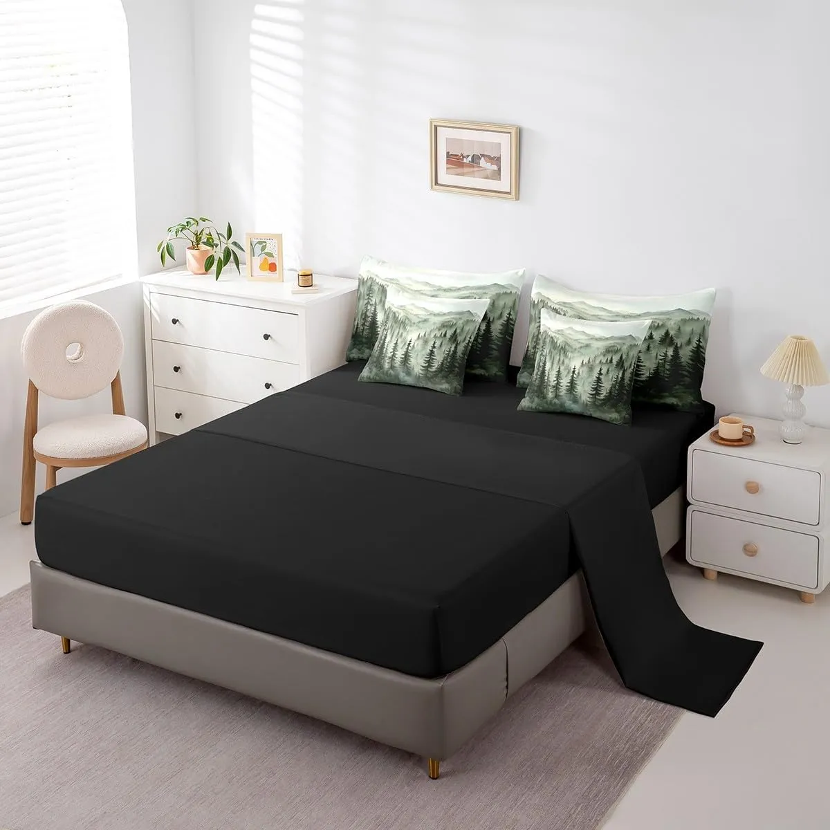 Erosebridal Smoky Mountain Bedding Set Queen Nature Forest Green Comforter Set 7 Piece Rustic Woodland Botanical Pine Tree Bed in A Bag for Kids Adults Natural Jungle Plants Sheet Set with Comforter