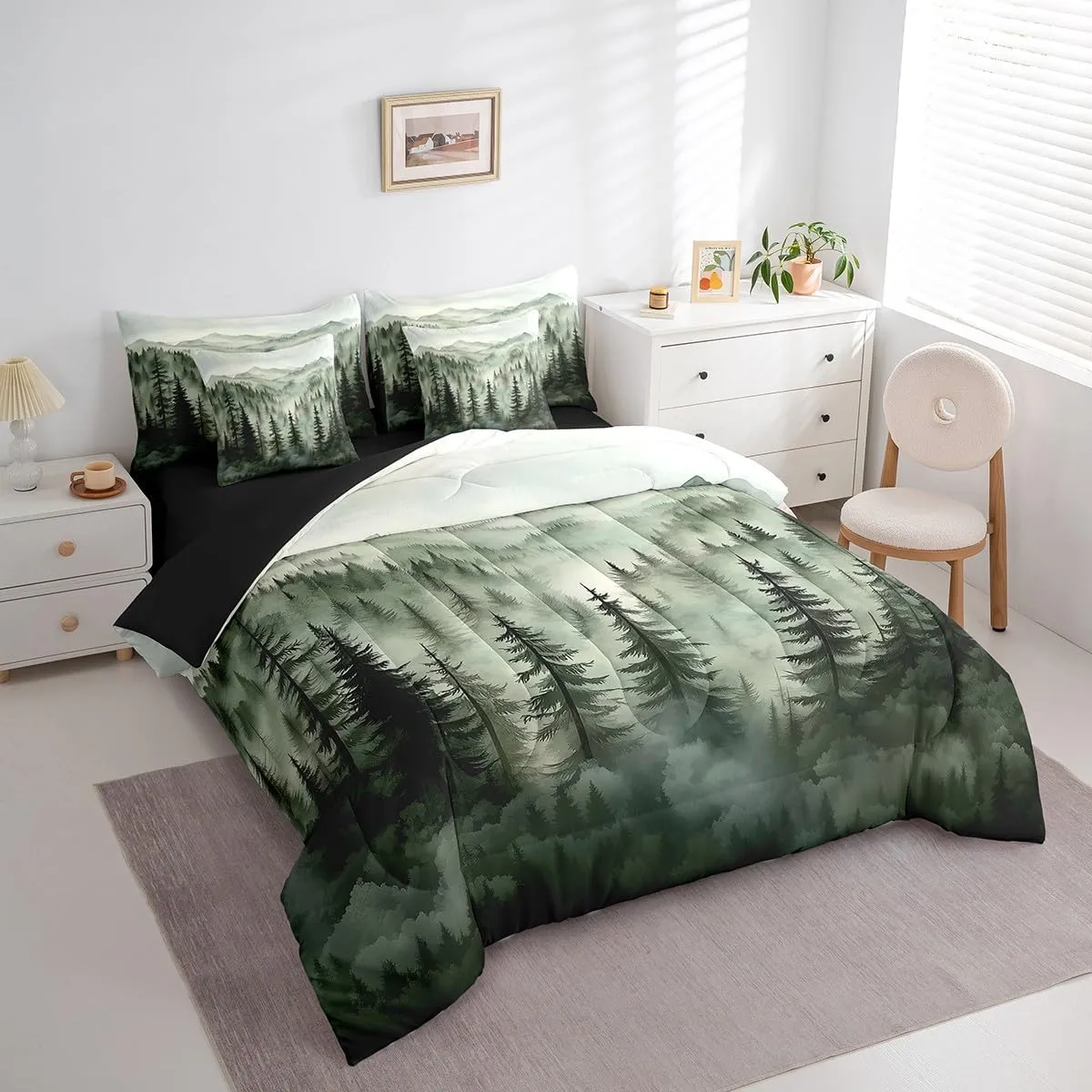 Erosebridal Smoky Mountain Bedding Set Queen Nature Forest Green Comforter Set 7 Piece Rustic Woodland Botanical Pine Tree Bed in A Bag for Kids Adults Natural Jungle Plants Sheet Set with Comforter