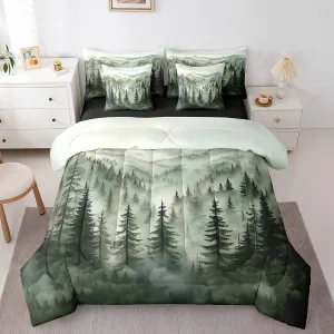 Erosebridal Smoky Mountain Bedding Set Queen Nature Forest Green Comforter Set 7 Piece Rustic Woodland Botanical Pine Tree Bed in A Bag for Kids Adults Natural Jungle Plants Sheet Set with Comforter