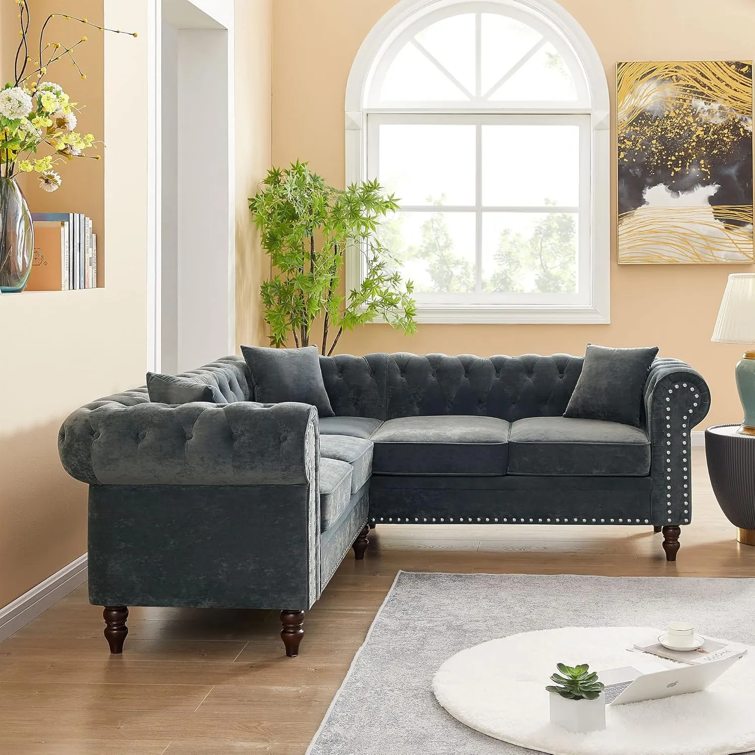 ERYE L-Shaped Symmetrical Chesterfield Sectional Sofa Couch Clasic 5 Seater Tufted Upholstered Sofa&Couch W/Clasic Luxury Roller Armrest,Soild Wood Legs and 3 Pillows for Living Room
