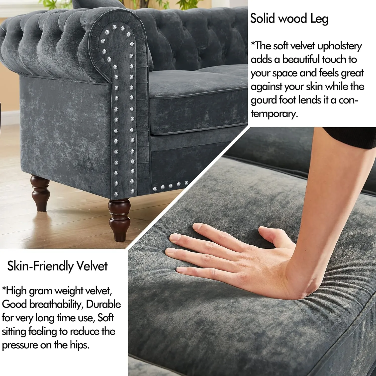 ERYE L-Shaped Symmetrical Chesterfield Sectional Sofa Couch Clasic 5 Seater Tufted Upholstered Sofa&Couch W/Clasic Luxury Roller Armrest,Soild Wood Legs and 3 Pillows for Living Room