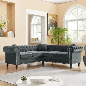 ERYE L-Shaped Symmetrical Chesterfield Sectional Sofa Couch Clasic 5 Seater Tufted Upholstered Sofa&Couch W/Clasic Luxury Roller Armrest,Soild Wood Legs and 3 Pillows for Living Room