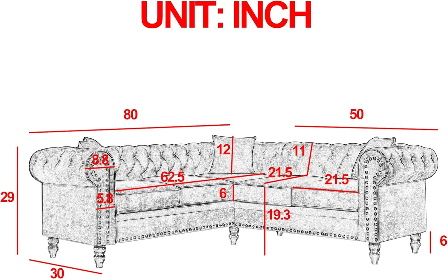 ERYE L-Shaped Symmetrical Chesterfield Sectional Sofa Couch Clasic 5 Seater Tufted Upholstered Sofa&Couch W/Clasic Luxury Roller Armrest,Soild Wood Legs and 3 Pillows for Living Room