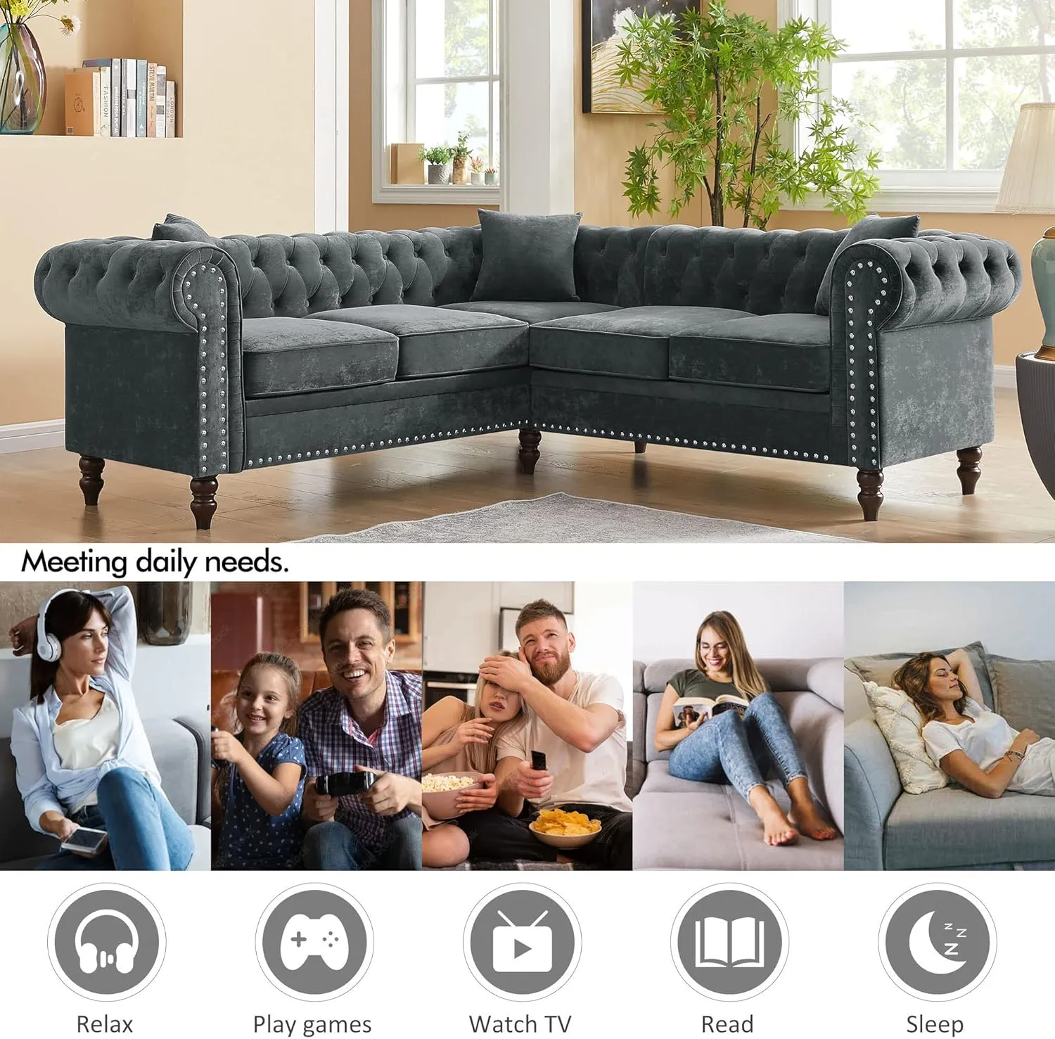 ERYE L-Shaped Symmetrical Chesterfield Sectional Sofa Couch Clasic 5 Seater Tufted Upholstered Sofa&Couch W/Clasic Luxury Roller Armrest,Soild Wood Legs and 3 Pillows for Living Room