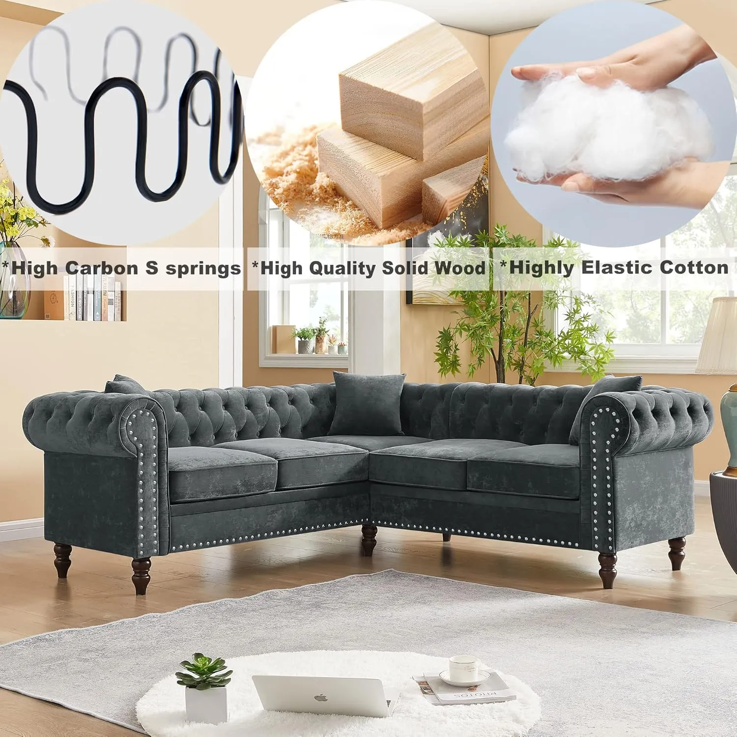 ERYE L-Shaped Symmetrical Chesterfield Sectional Sofa Couch Clasic 5 Seater Tufted Upholstered Sofa&Couch W/Clasic Luxury Roller Armrest,Soild Wood Legs and 3 Pillows for Living Room