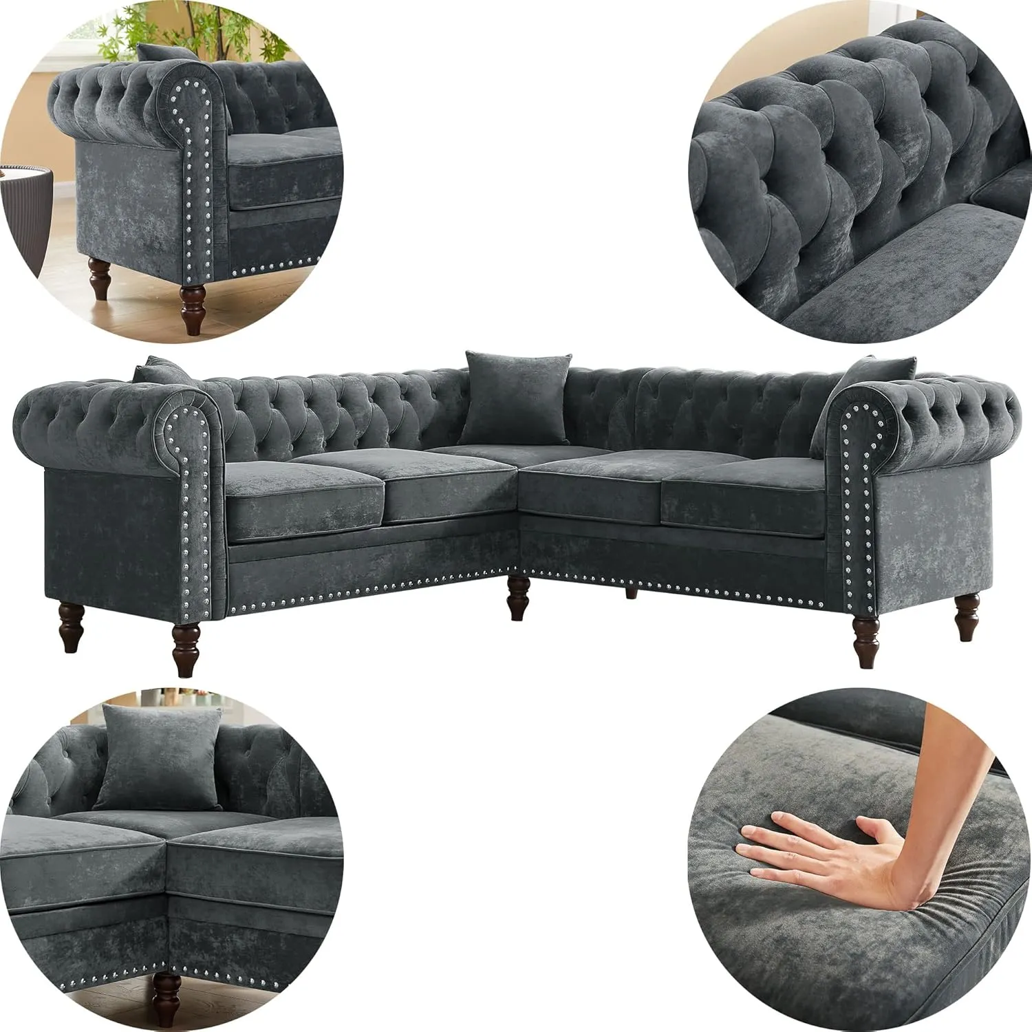 ERYE L-Shaped Symmetrical Chesterfield Sectional Sofa Couch Clasic 5 Seater Tufted Upholstered Sofa&Couch W/Clasic Luxury Roller Armrest,Soild Wood Legs and 3 Pillows for Living Room