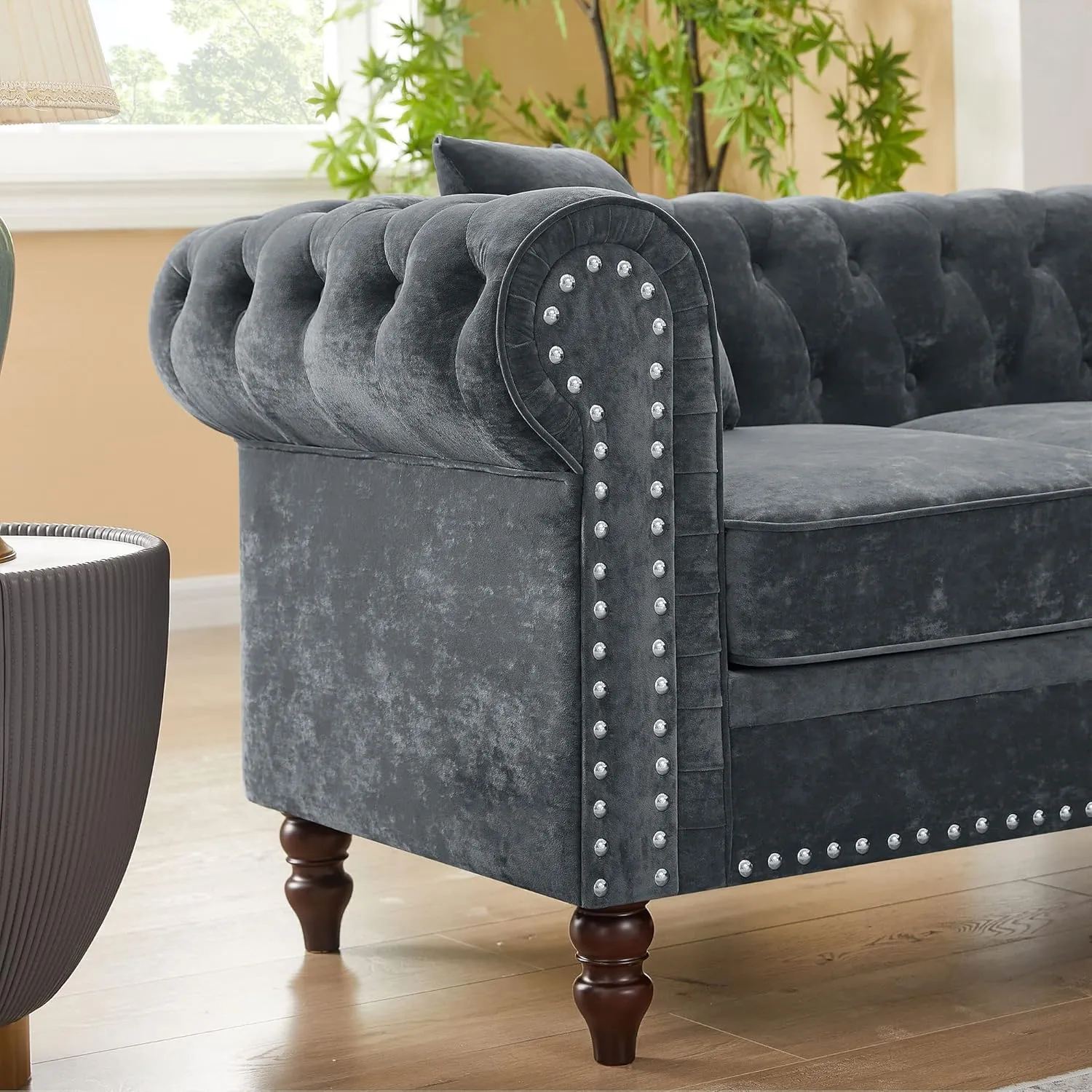 ERYE L-Shaped Symmetrical Chesterfield Sectional Sofa Couch Clasic 5 Seater Tufted Upholstered Sofa&Couch W/Clasic Luxury Roller Armrest,Soild Wood Legs and 3 Pillows for Living Room