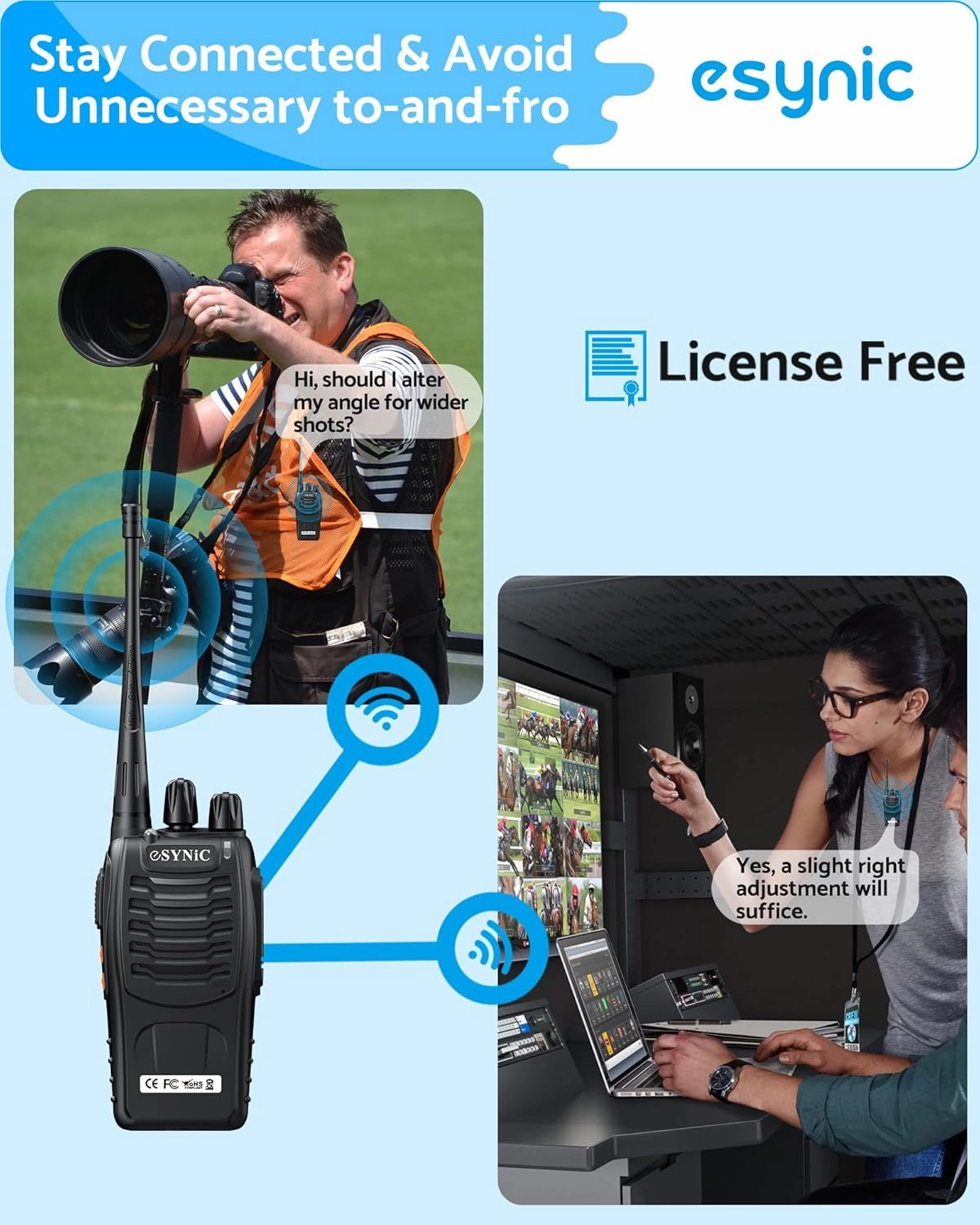 eSynic 3 Pack Professional Walkie Talkies VOX Walky Talky 5KM Long Range 16CH Walkie Talky with LED Light Rain Resistant Rugged Body Provide 3 Headsets for Job Site/Camping/Hiking