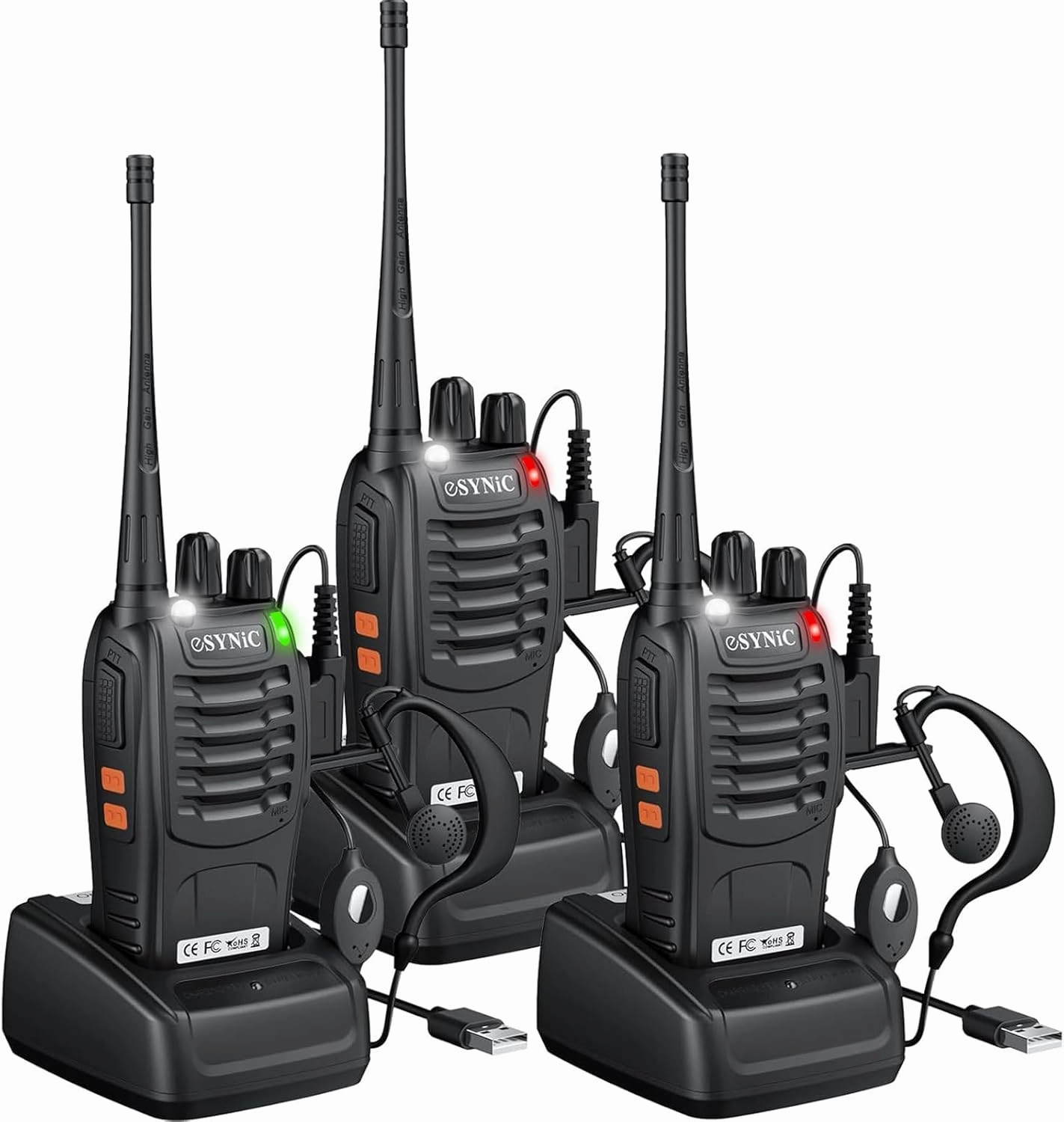 eSynic 3 Pack Professional Walkie Talkies VOX Walky Talky 5KM Long Range 16CH Walkie Talky with LED Light Rain Resistant Rugged Body Provide 3 Headsets for Job Site/Camping/Hiking