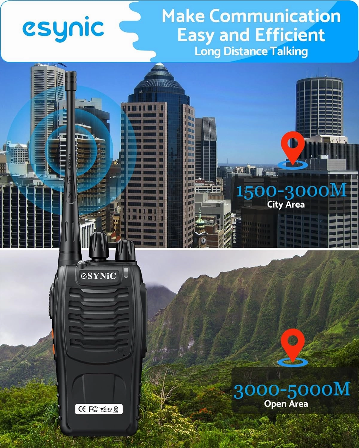 eSynic 3 Pack Professional Walkie Talkies VOX Walky Talky 5KM Long Range 16CH Walkie Talky with LED Light Rain Resistant Rugged Body Provide 3 Headsets for Job Site/Camping/Hiking
