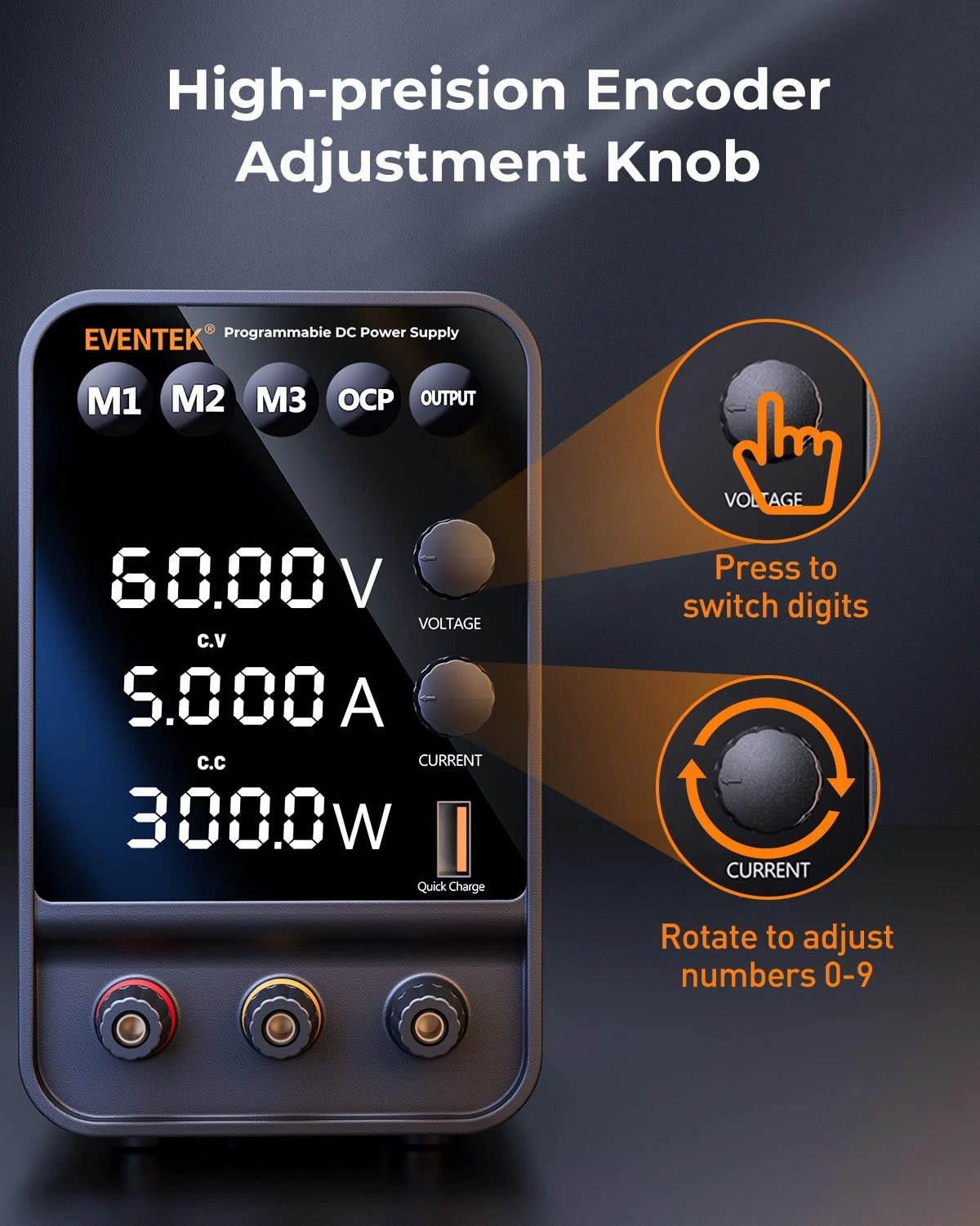 Eventek DC Power Supply, 60V/5A Variable With Encoder Adjustment Knob, Memory Switching Bench With 4-Digits LED Display, 5V/3.6A USB Output & Banana Plug Lead