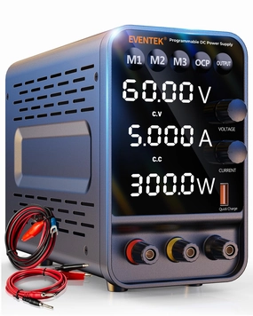 Eventek DC Power Supply, 60V/5A Variable With Encoder Adjustment Knob, Memory Switching Bench With 4-Digits LED Display, 5V/3.6A USB Output & Banana Plug Lead