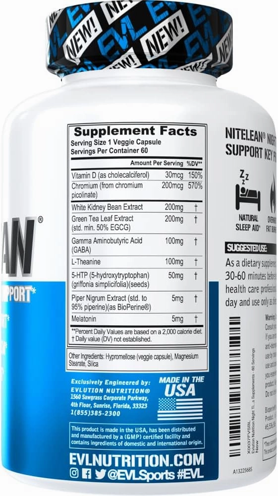 Evlution Nutrition Night Time Fat Burner Support - Overnight Sleep and Weight Loss Support Pills with Thermogenic Green Tea and White Kidney Bean Extract - Diet Pills That May Help Stubborn Fat Loss