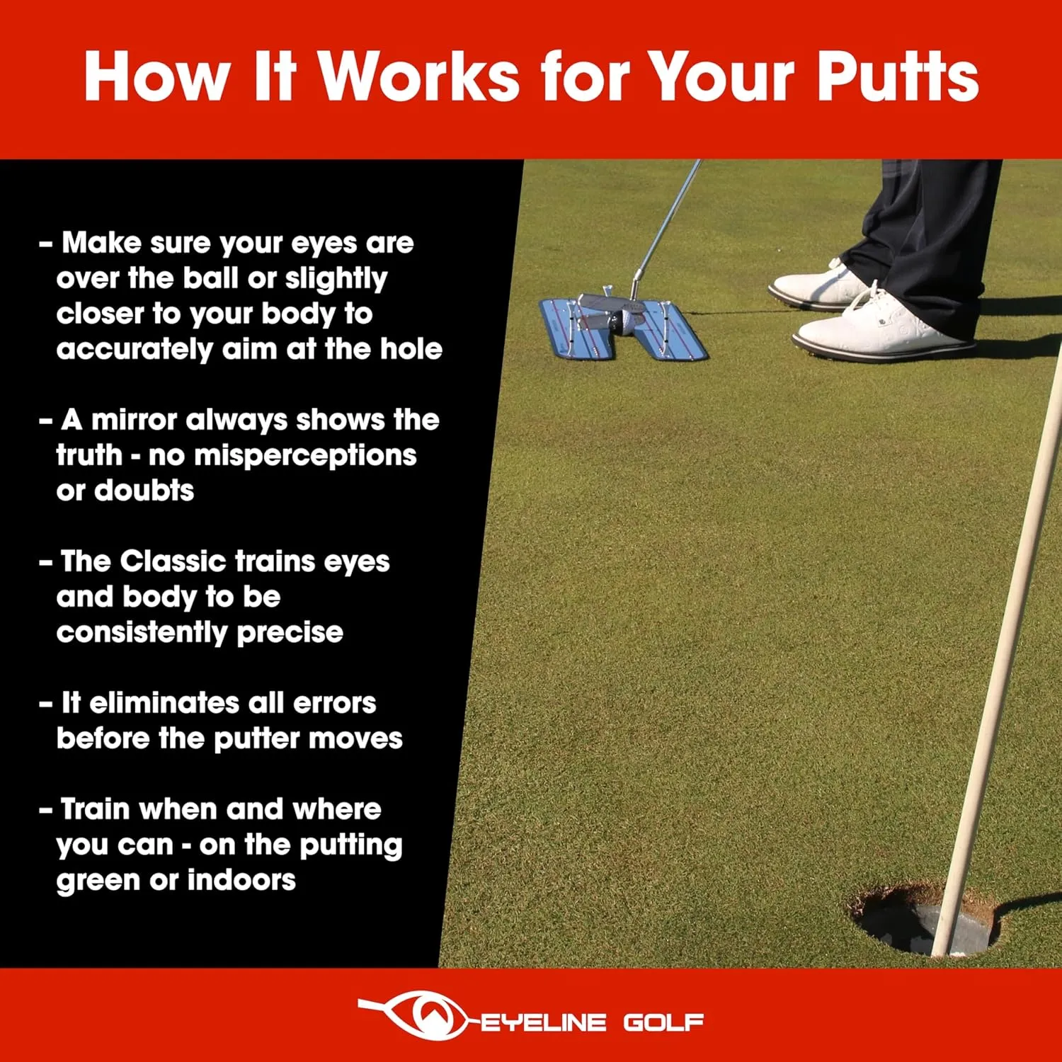 EyeLine Golf Classic Putting Mirror - Alignment Training Aid Used by Top Tour Pros for Consistent Setup, Checks Eyes-Shoulders-Putter Face for Improved Accuracy, Indoor-Outdoor Practice
