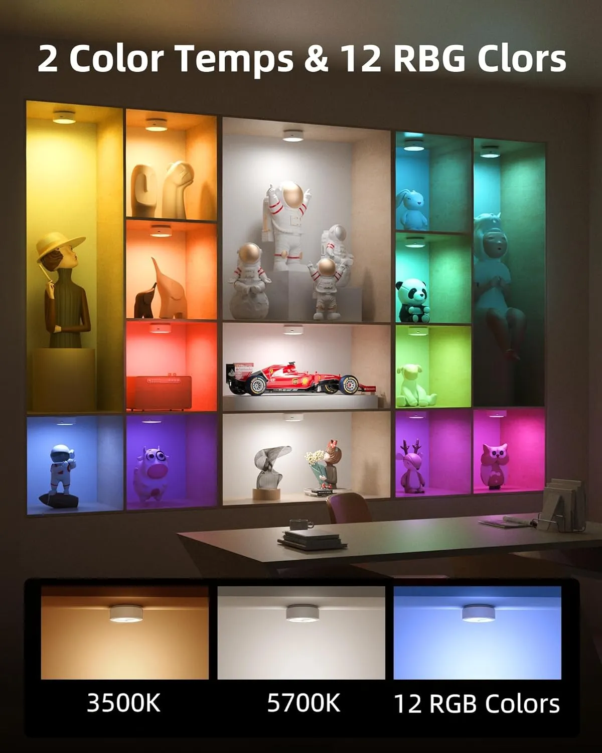 EZVALO Puck Lights with Remote,1200mAh Rechargeable Tap Light,RGB LED Display Lighting, Wireless Closet Light,Under Cabinet Lighs,Sitck On Lights for Kitchen,Closet,Pantry,Shelves(6 Packs)