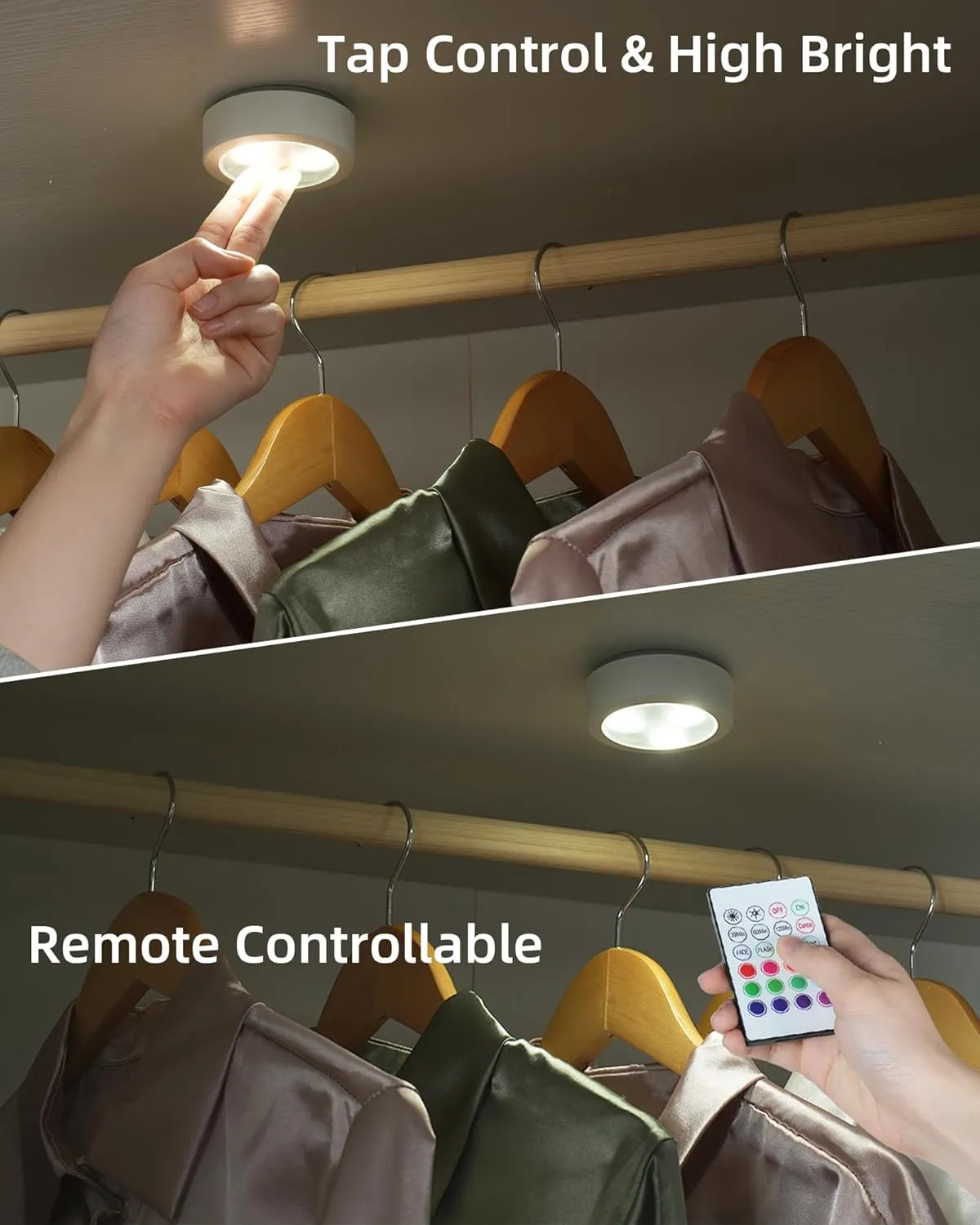 EZVALO Puck Lights with Remote,1200mAh Rechargeable Tap Light,RGB LED Display Lighting, Wireless Closet Light,Under Cabinet Lighs,Sitck On Lights for Kitchen,Closet,Pantry,Shelves(6 Packs)