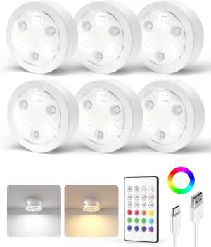 EZVALO Puck Lights with Remote,1200mAh Rechargeable Tap Light,RGB LED Display Lighting, Wireless Closet Light,Under Cabinet Lighs,Sitck On Lights for Kitchen,Closet,Pantry,Shelves(6 Packs)