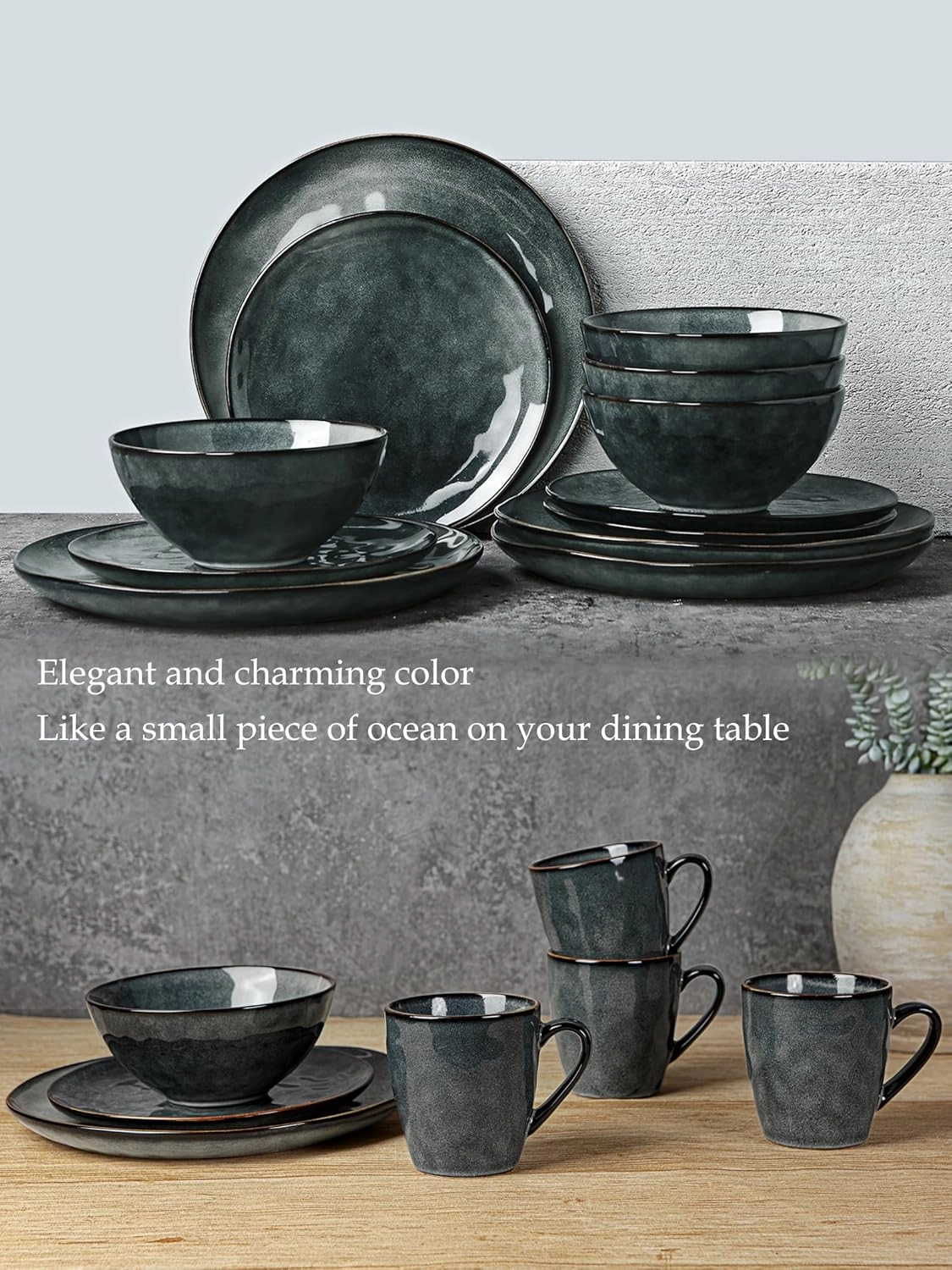 Famiware Dinnerware Sets for 4, Ocean Round 12-Piece Kitchen Plates and Bowls Sets, Reactive Glaze, Microwave and Dishwasher Safe, Scratch Resistant, Deep Forest
