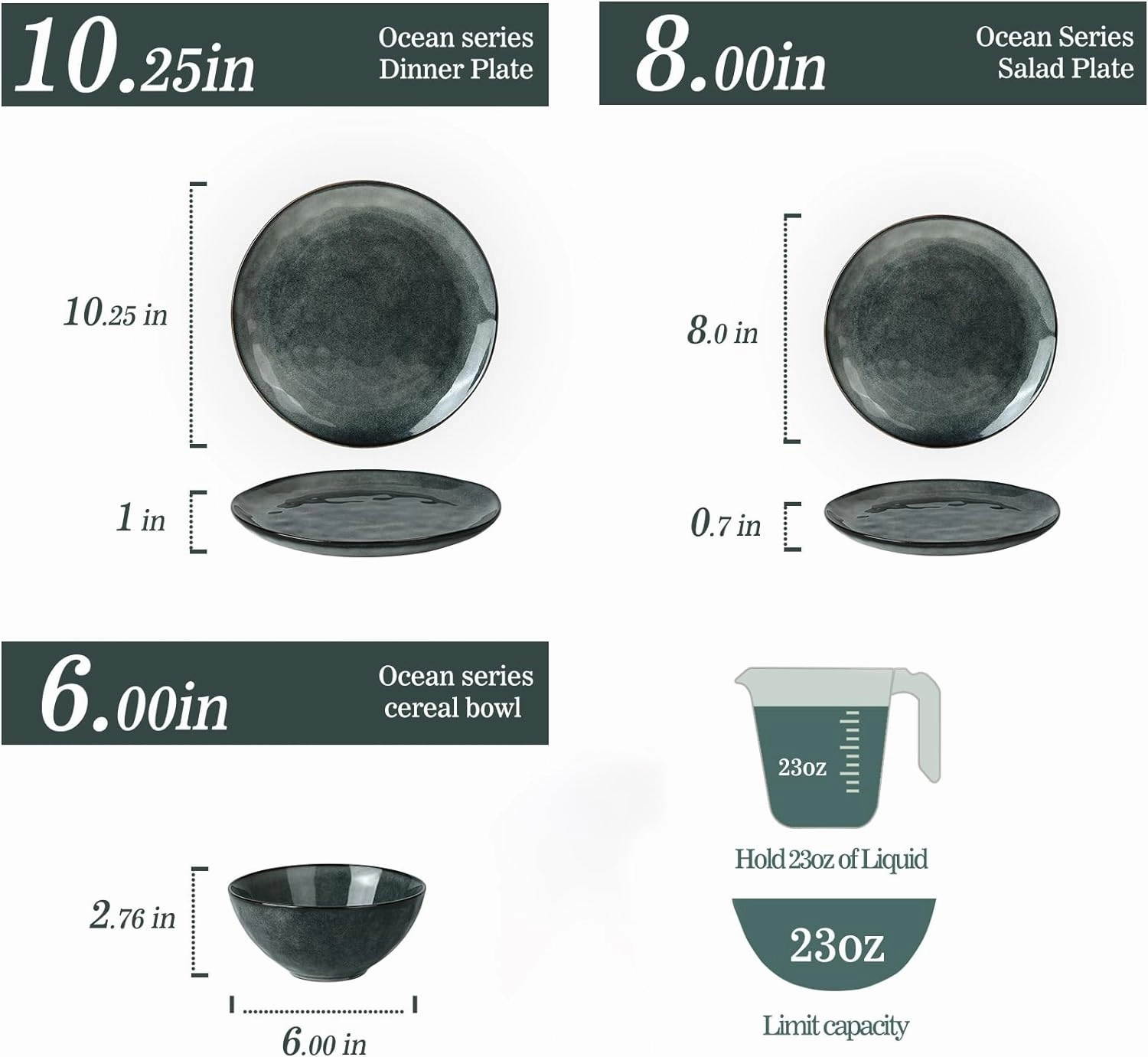Famiware Dinnerware Sets for 4, Ocean Round 12-Piece Kitchen Plates and Bowls Sets, Reactive Glaze, Microwave and Dishwasher Safe, Scratch Resistant, Deep Forest