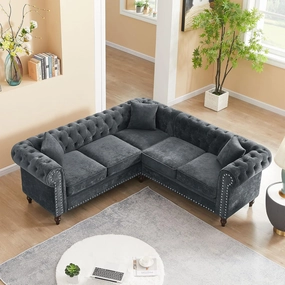 FANYE 80" Symmetrical Sectional Sofa,Button Tufted Velvet Upholstered Modular Sofa & Couch,Luxury Roll Arm Classic Chesterfield Couch,L-Shaped Corner Sofá with 3 Pillows and Nail Head Decor, Grey