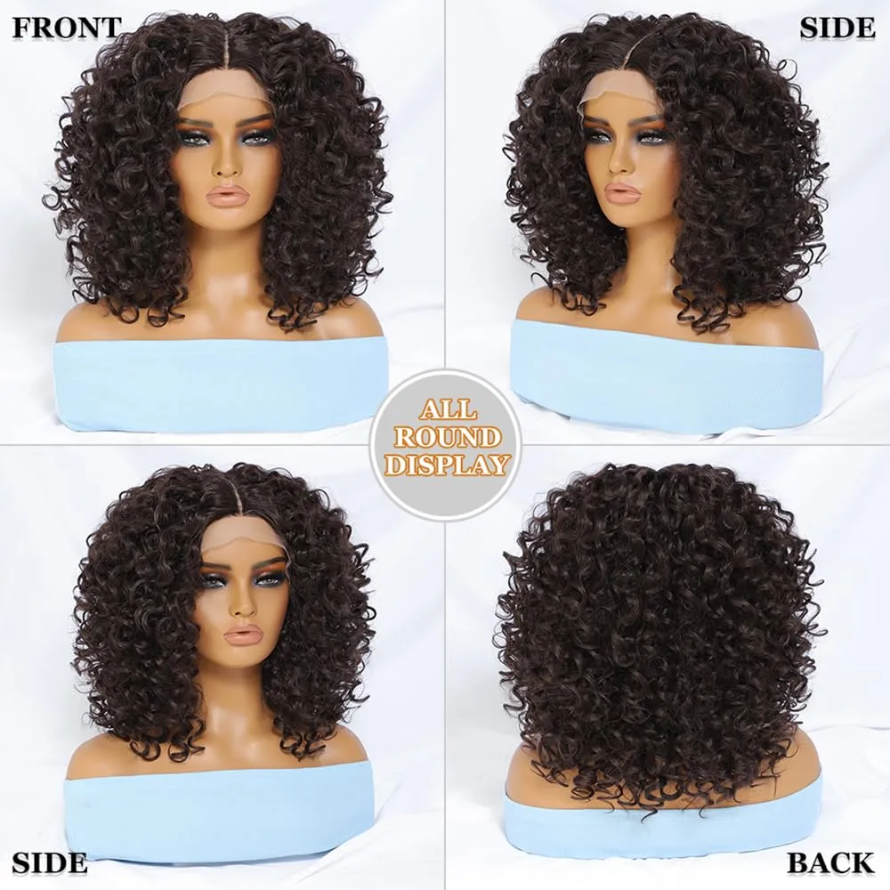 Felek 16inch Curly Lace Front Wigs Middle Part Jerry Curl Wig T Lace Front Curly Glueless Synthetic Pre-Plucked Afro Curly Lace Wigs For Black Women(#4)