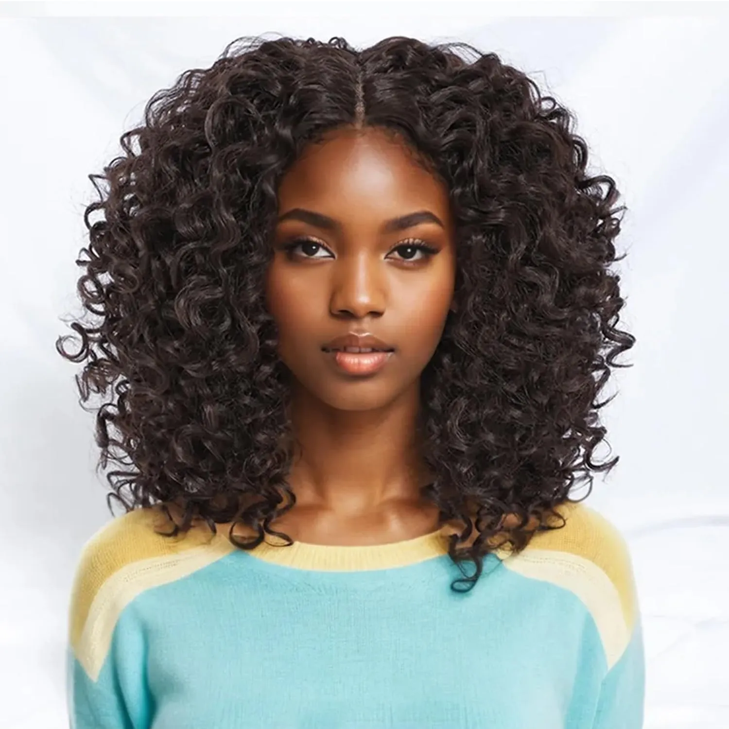Felek 16inch Curly Lace Front Wigs Middle Part Jerry Curl Wig T Lace Front Curly Glueless Synthetic Pre-Plucked Afro Curly Lace Wigs For Black Women(#4)