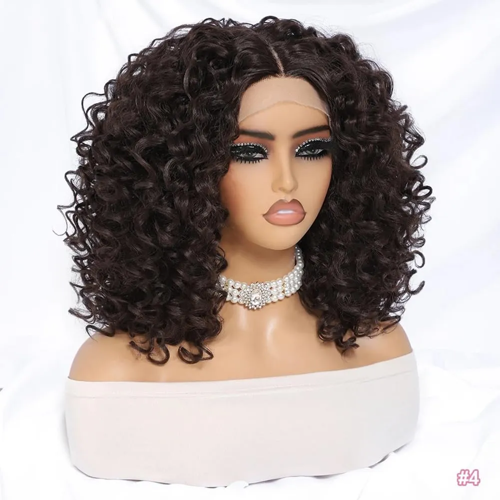 Felek 16inch Curly Lace Front Wigs Middle Part Jerry Curl Wig T Lace Front Curly Glueless Synthetic Pre-Plucked Afro Curly Lace Wigs For Black Women(#4)