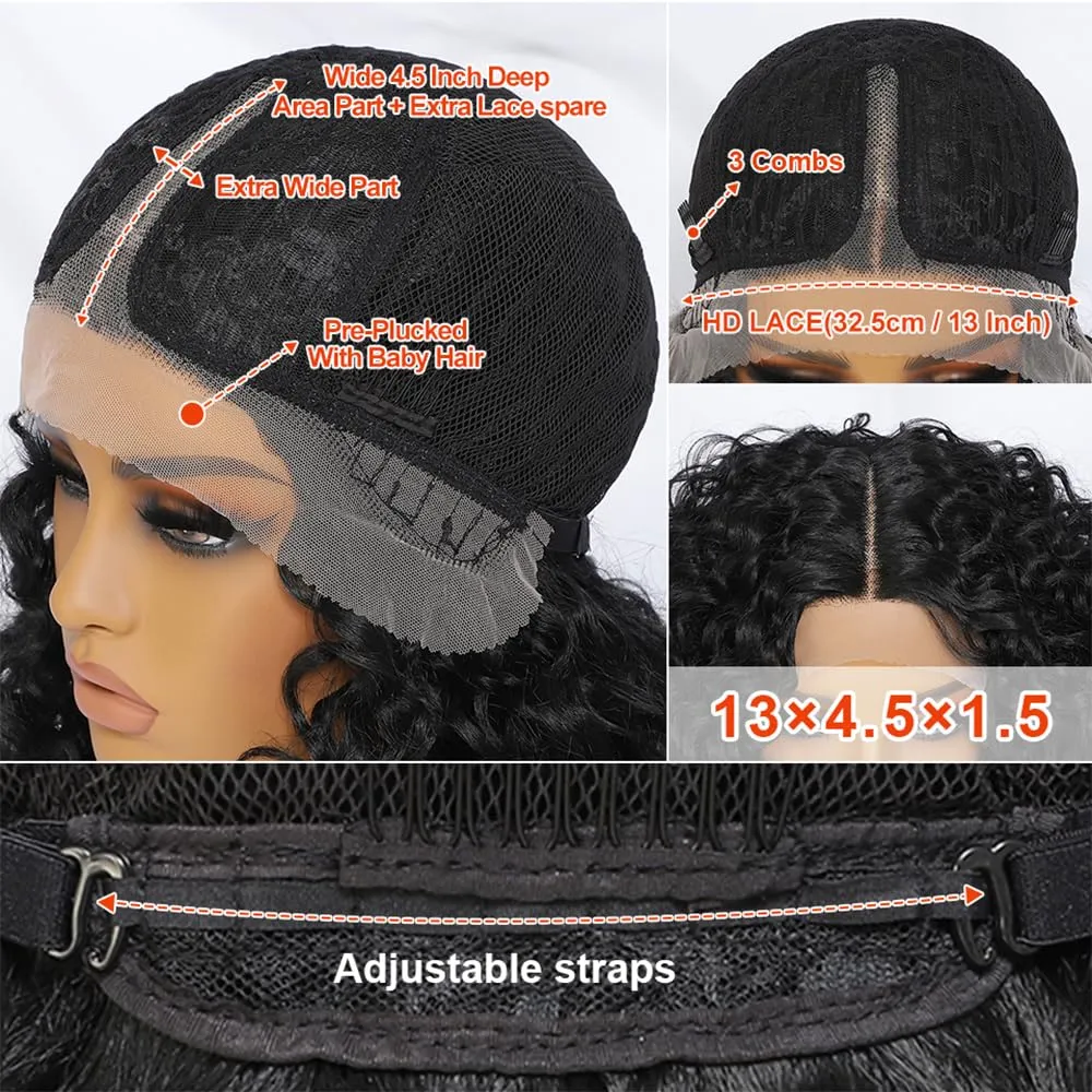 Felek 16inch Curly Lace Front Wigs Middle Part Jerry Curl Wig T Lace Front Curly Glueless Synthetic Pre-Plucked Afro Curly Lace Wigs For Black Women(#4)