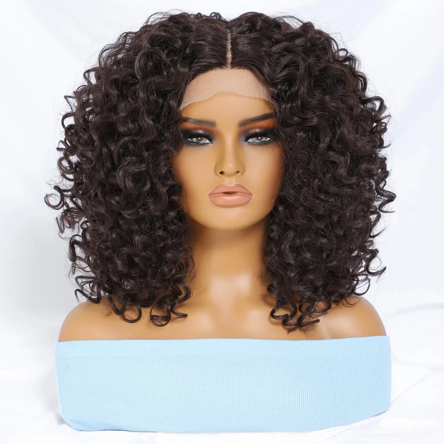 Felek 16inch Curly Lace Front Wigs Middle Part Jerry Curl Wig T Lace Front Curly Glueless Synthetic Pre-Plucked Afro Curly Lace Wigs For Black Women(#4)
