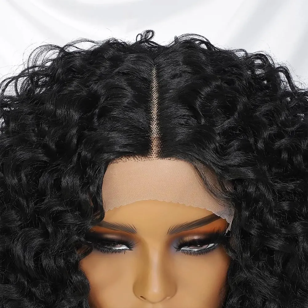 Felek 16inch Curly Lace Front Wigs Middle Part Jerry Curl Wig T Lace Front Deep Curly Synthetic Pre-Plucked Curly Wigs For Black Women Mixed Black Brown and Blonde Color(T1B/4276)