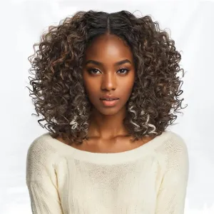 Felek 16inch Curly Lace Front Wigs Middle Part Jerry Curl Wig T Lace Front Deep Curly Synthetic Pre-Plucked Curly Wigs For Black Women Mixed Black Brown and Blonde Color(T1B/4276)