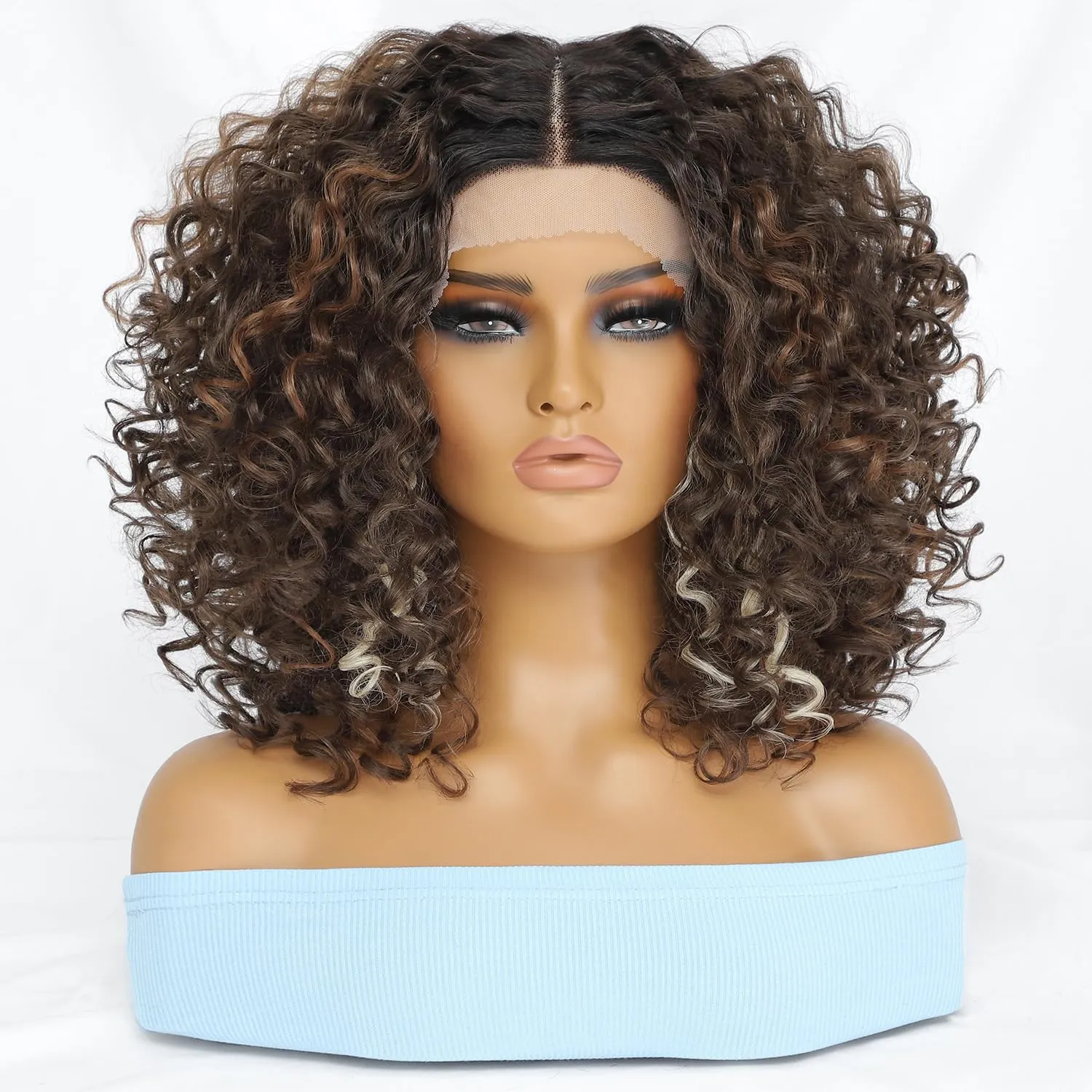 Felek 16inch Curly Lace Front Wigs Middle Part Jerry Curl Wig T Lace Front Deep Curly Synthetic Pre-Plucked Curly Wigs For Black Women Mixed Black Brown and Blonde Color(T1B/4276)