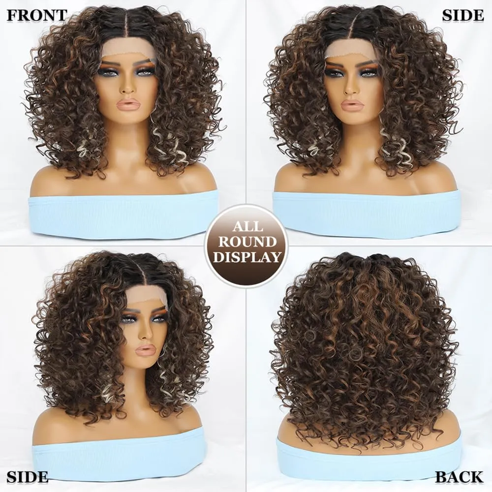 Felek 16inch Curly Lace Front Wigs Middle Part Jerry Curl Wig T Lace Front Deep Curly Synthetic Pre-Plucked Curly Wigs For Black Women Mixed Black Brown and Blonde Color(T1B/4276)