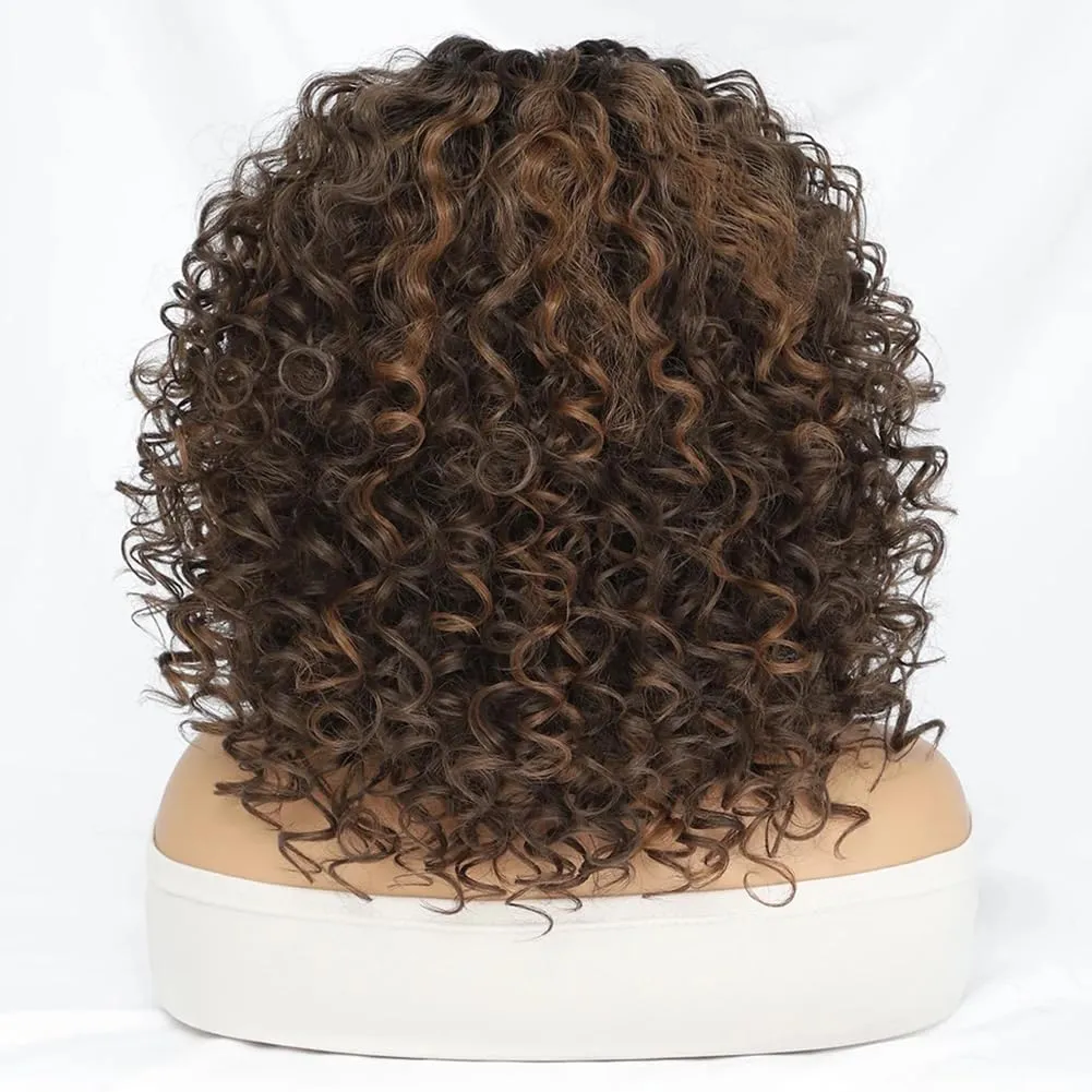 Felek 16inch Curly Lace Front Wigs Middle Part Jerry Curl Wig T Lace Front Deep Curly Synthetic Pre-Plucked Curly Wigs For Black Women Mixed Black Brown and Blonde Color(T1B/4276)
