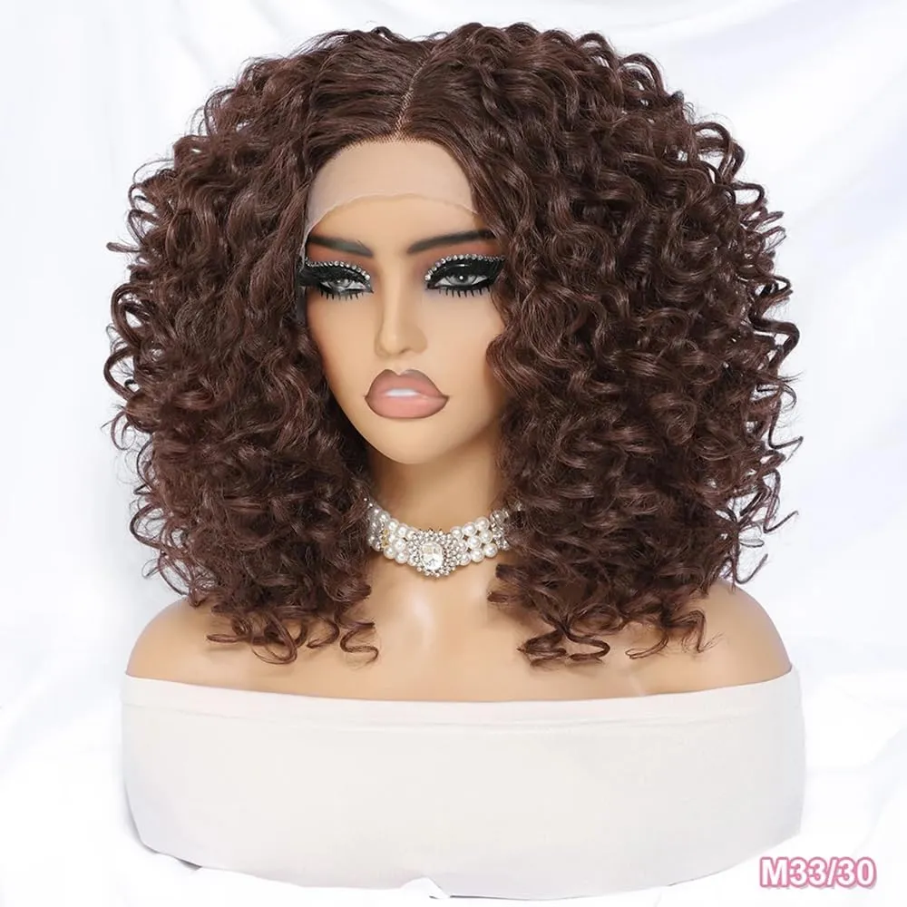 Felek 16inch Curly Middle Part Lace Front Wigs Copper Brown Jerry Curl Wig T Lace Front Curly Glueless Synthetic Pre-Plucked Deep Curly Wigs For Black Women (M33/30)