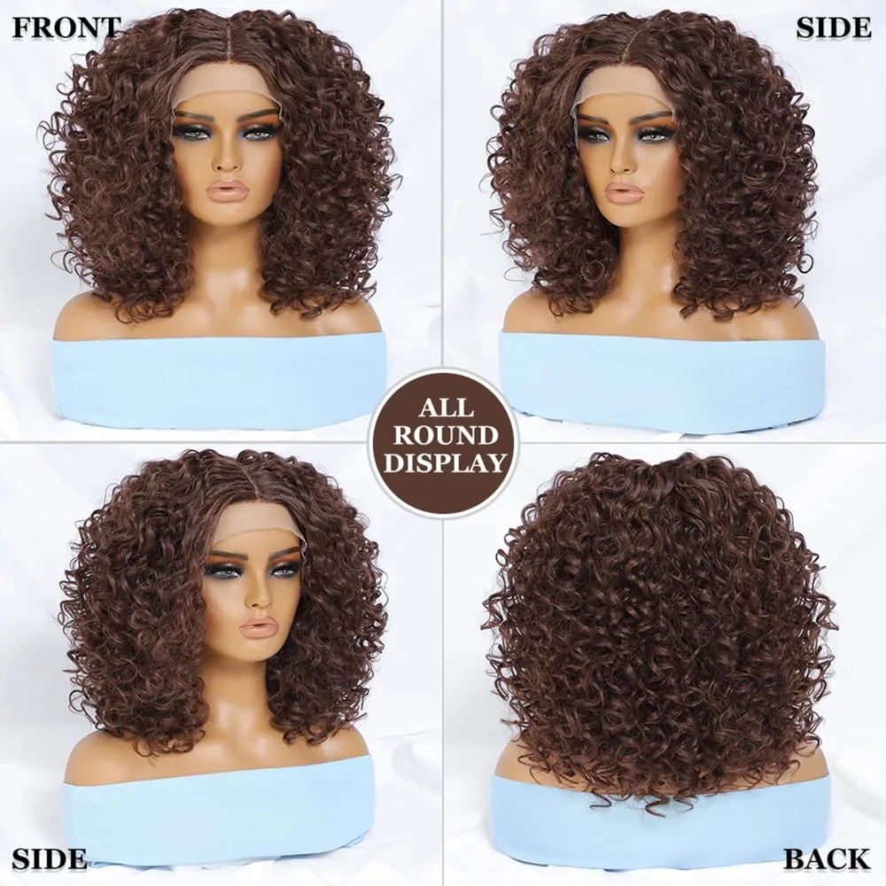 Felek 16inch Curly Middle Part Lace Front Wigs Copper Brown Jerry Curl Wig T Lace Front Curly Glueless Synthetic Pre-Plucked Deep Curly Wigs For Black Women (M33/30)