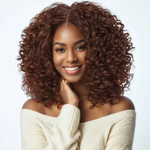 Felek 16inch Curly Middle Part Lace Front Wigs Copper Brown Jerry Curl Wig T Lace Front Curly Glueless Synthetic Pre-Plucked Deep Curly Wigs For Black Women (M33/30)