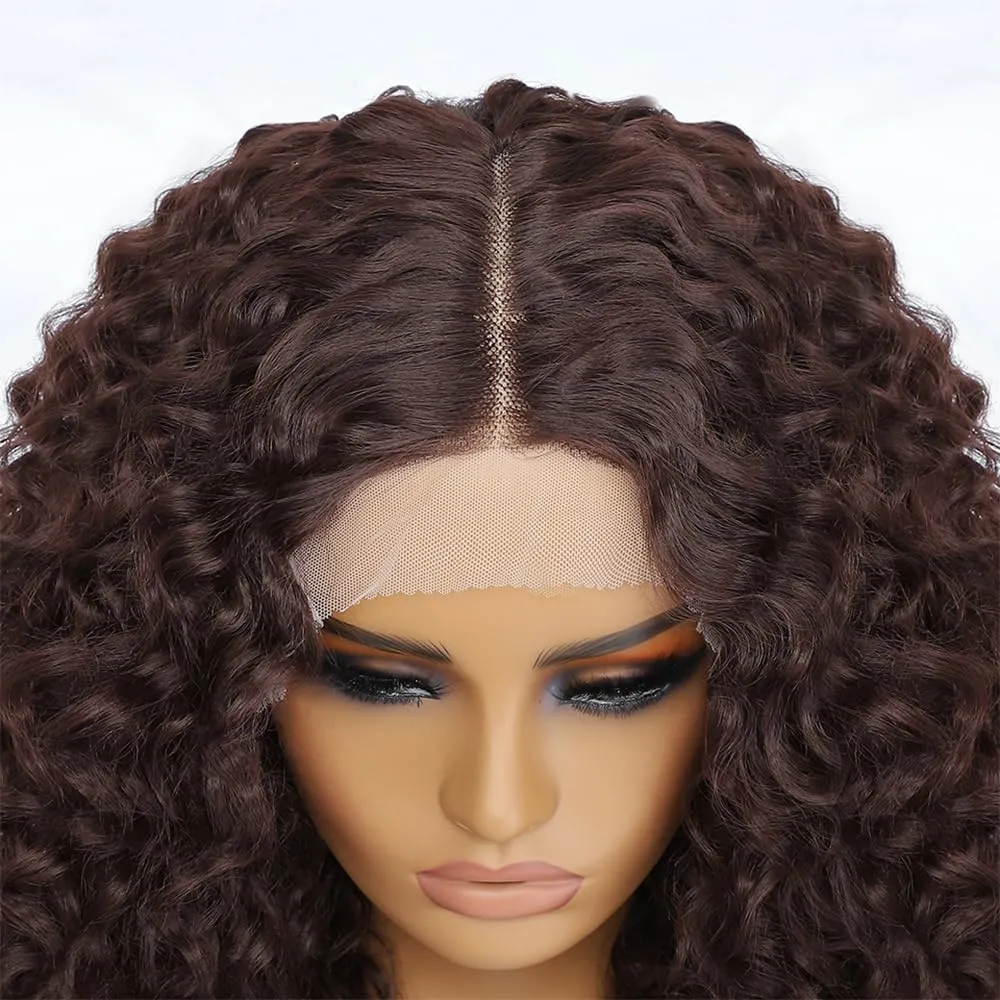 Felek 16inch Curly Middle Part Lace Front Wigs Copper Brown Jerry Curl Wig T Lace Front Curly Glueless Synthetic Pre-Plucked Deep Curly Wigs For Black Women (M33/30)