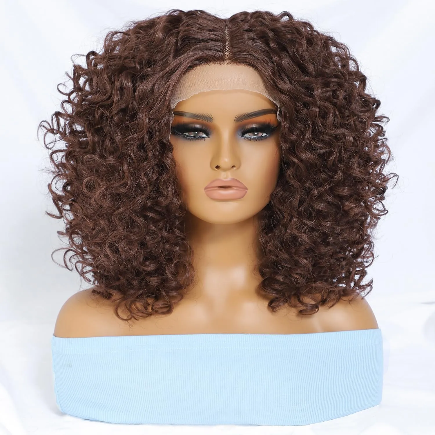 Felek 16inch Curly Middle Part Lace Front Wigs Copper Brown Jerry Curl Wig T Lace Front Curly Glueless Synthetic Pre-Plucked Deep Curly Wigs For Black Women (M33/30)