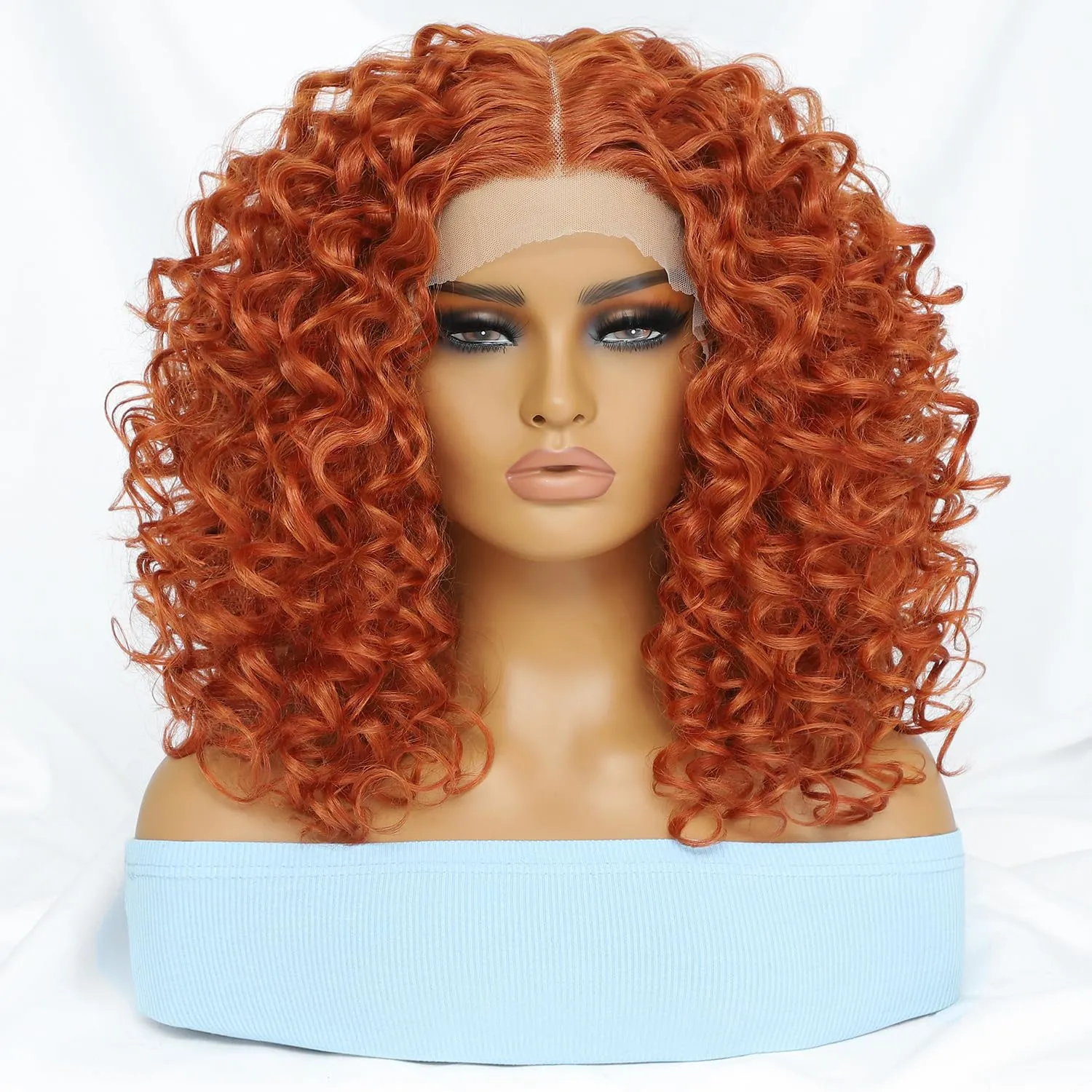 Felek 16inch Middle Part Curly Lace Front Wigs Jerry Curl Lace Wig Ginger Orange T Lace Front Curly Synthetic Pre-Plucked Deep Curly Wigs For Black Women(#350)