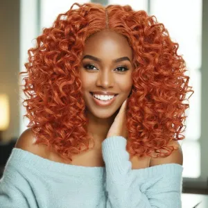 Felek 16inch Middle Part Curly Lace Front Wigs Jerry Curl Lace Wig Ginger Orange T Lace Front Curly Synthetic Pre-Plucked Deep Curly Wigs For Black Women(#350)