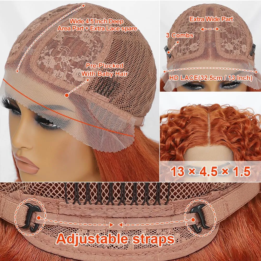 Felek 16inch Middle Part Curly Lace Front Wigs Jerry Curl Lace Wig Ginger Orange T Lace Front Curly Synthetic Pre-Plucked Deep Curly Wigs For Black Women(#350)