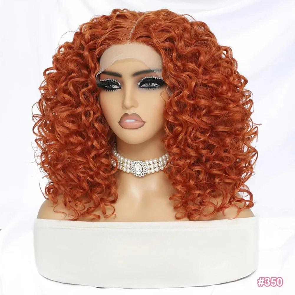 Felek 16inch Middle Part Curly Lace Front Wigs Jerry Curl Lace Wig Ginger Orange T Lace Front Curly Synthetic Pre-Plucked Deep Curly Wigs For Black Women(#350)