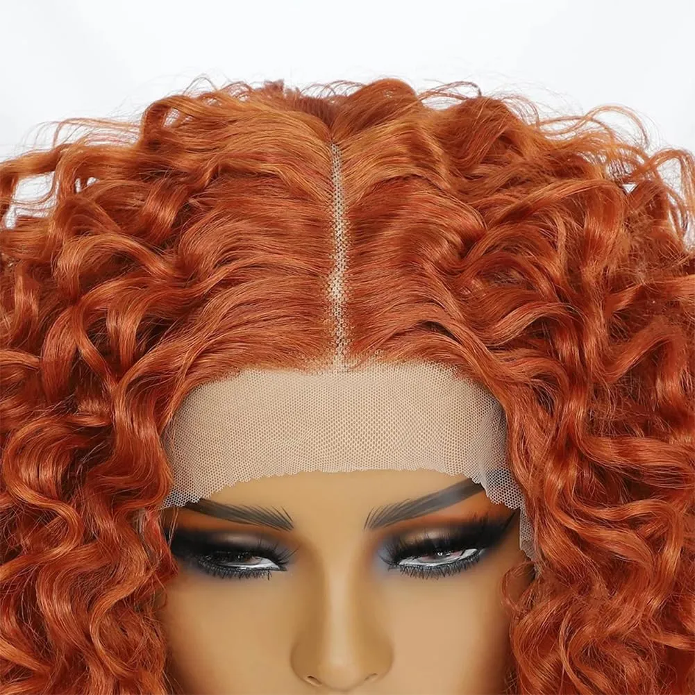 Felek 16inch Middle Part Curly Lace Front Wigs Jerry Curl Lace Wig Ginger Orange T Lace Front Curly Synthetic Pre-Plucked Deep Curly Wigs For Black Women(#350)