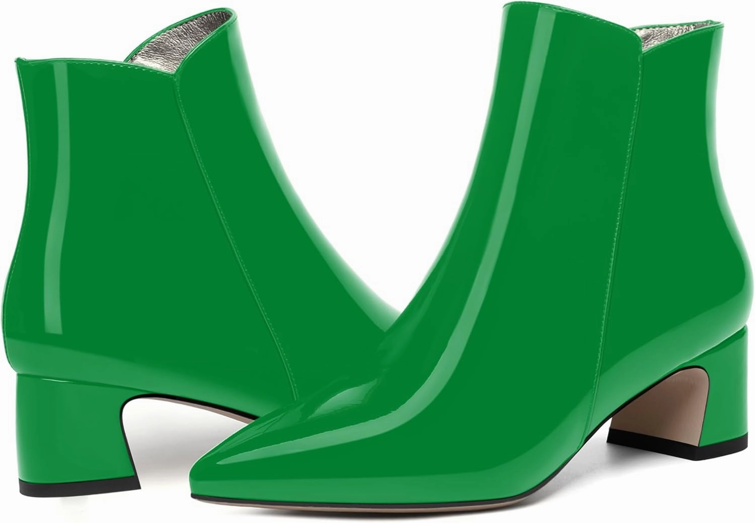 FEMSTEP Womens Pointed Toe Dress Zip Patent Wedding Chunky Low Heel Ankle High Boots 2 Inch